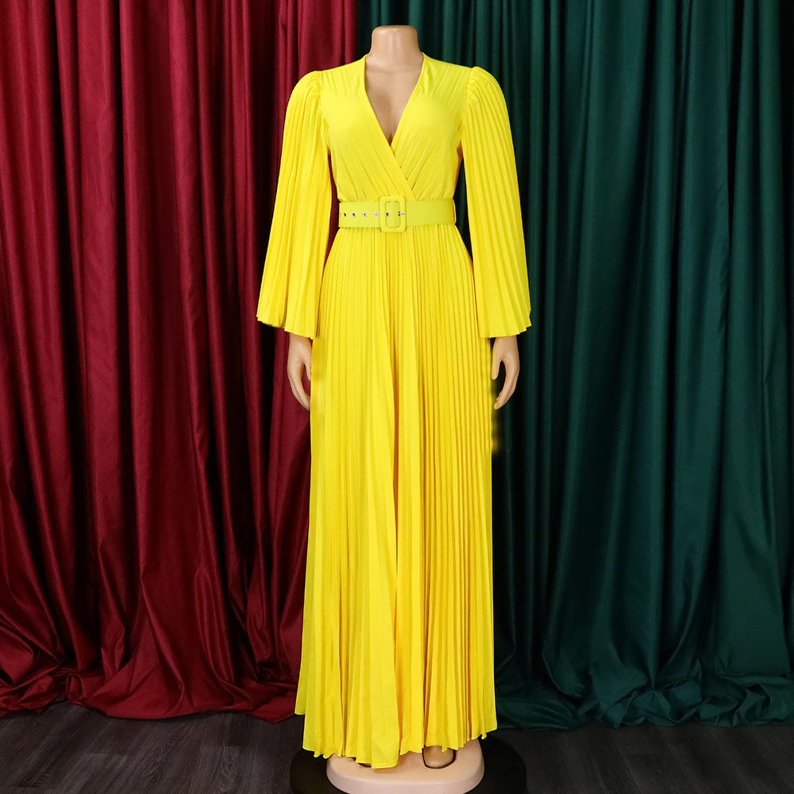 Abito lungo da donna, vintage, con scollo a V, per feste, matrimoni, maxi abito swing, elegante, plissettato, da cocktail, da sera, con cintura, grandi dimensioni, da ballo, sottoveste, gonna a pieghe