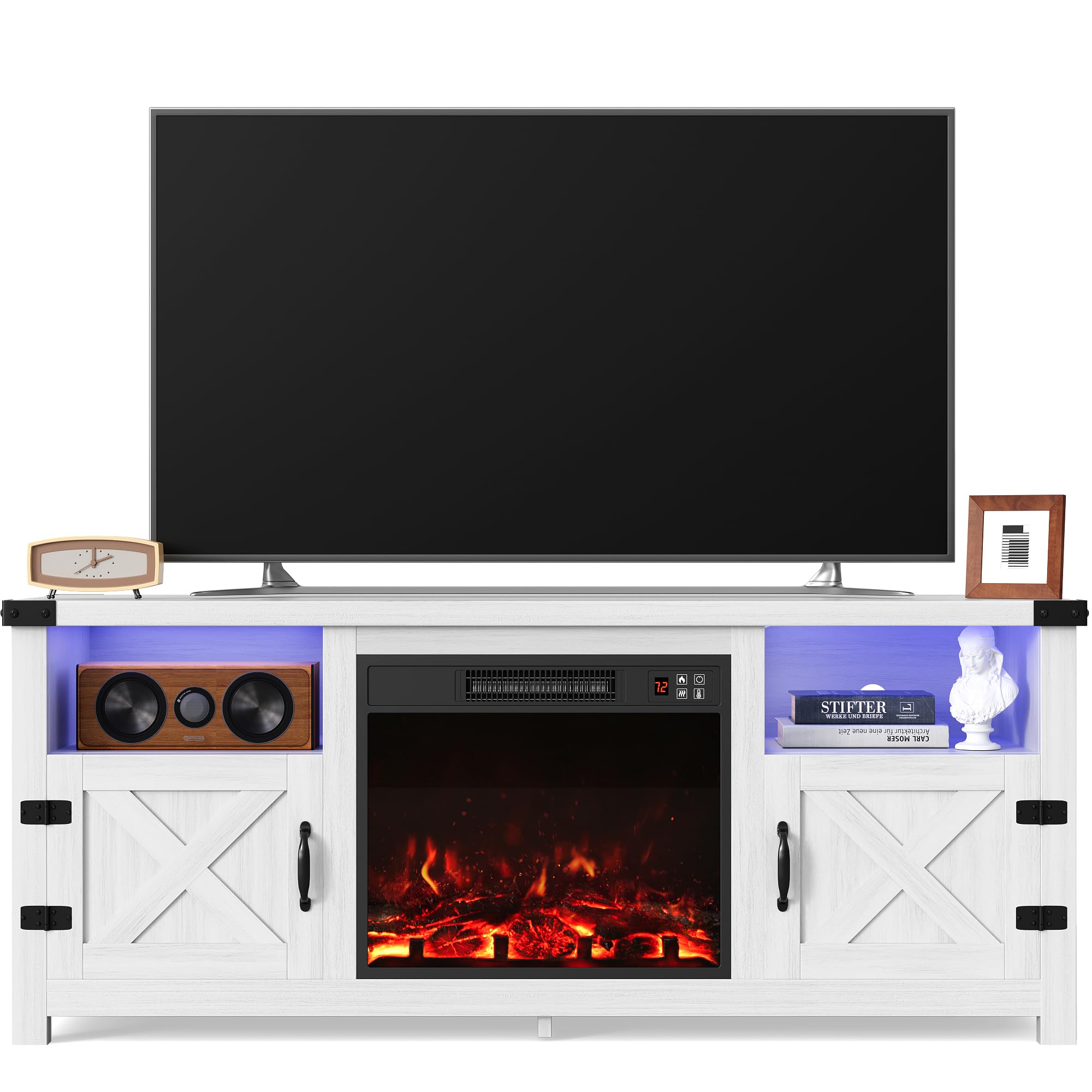 Furmax LED Entertainment Center with Fireplace, Fireplace TV Stand with Storage Cabinets and 2 Open Shelves, Modern Media TV Console for Living Room (