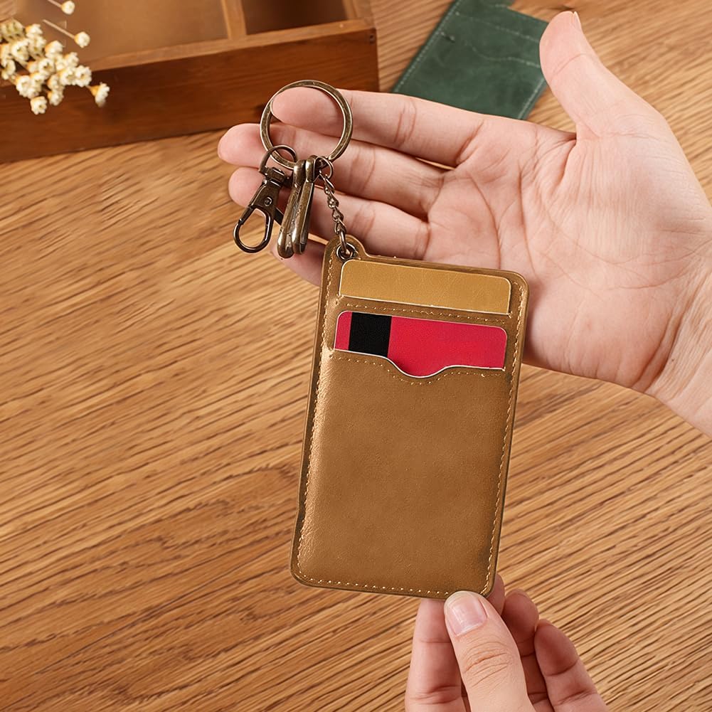Slim Keychain Card Holder Minimalist PU Leather Front Pocket Wallet Retro Brown Leather Thin Credit Card Protector Case Coin Changes Purse with Metal Clasp Key Ring for Men Women