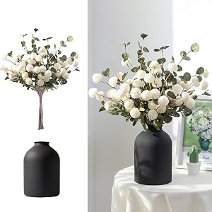BLOSMON Fake Flowers in Vase for Centerpieces: Metal Vase with 12 Stems of Artificial Kiku Flowers Eucalyptuses Home Table Decor - White Faux Pom Poms Floral Arrangements for Living Room