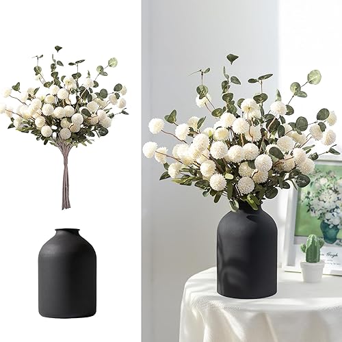 BLOSMON Fake Mum Flowers in Vase, White Dining Table Centerpiece Decor | With Metal Vase 12 Stems of Artificial Mums Eucalyptuses, Faux Silk Pom Poms, Floral Arrangements for Entryway, Home, Indoor