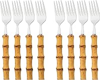 Vista 1 de Juego de 8 tenedores de ensalada de bambú natural, tenedor de postre para el hogar, boda, fiesta o restaurante, uso diario, acero inoxidable 304
