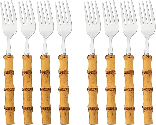 Juego de 8 tenedores de ensalada de bambú natural, tenedor de postre para el hogar, boda, fiesta o restaurante, uso diario, acero inoxidable 304,
