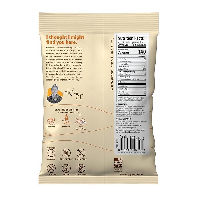 Pretzel Sticks Rellenos de Mantequilla de Maní Quinn - Snack Sin Gluten, 6.5 oz (Paquete de 4) miniatura 2