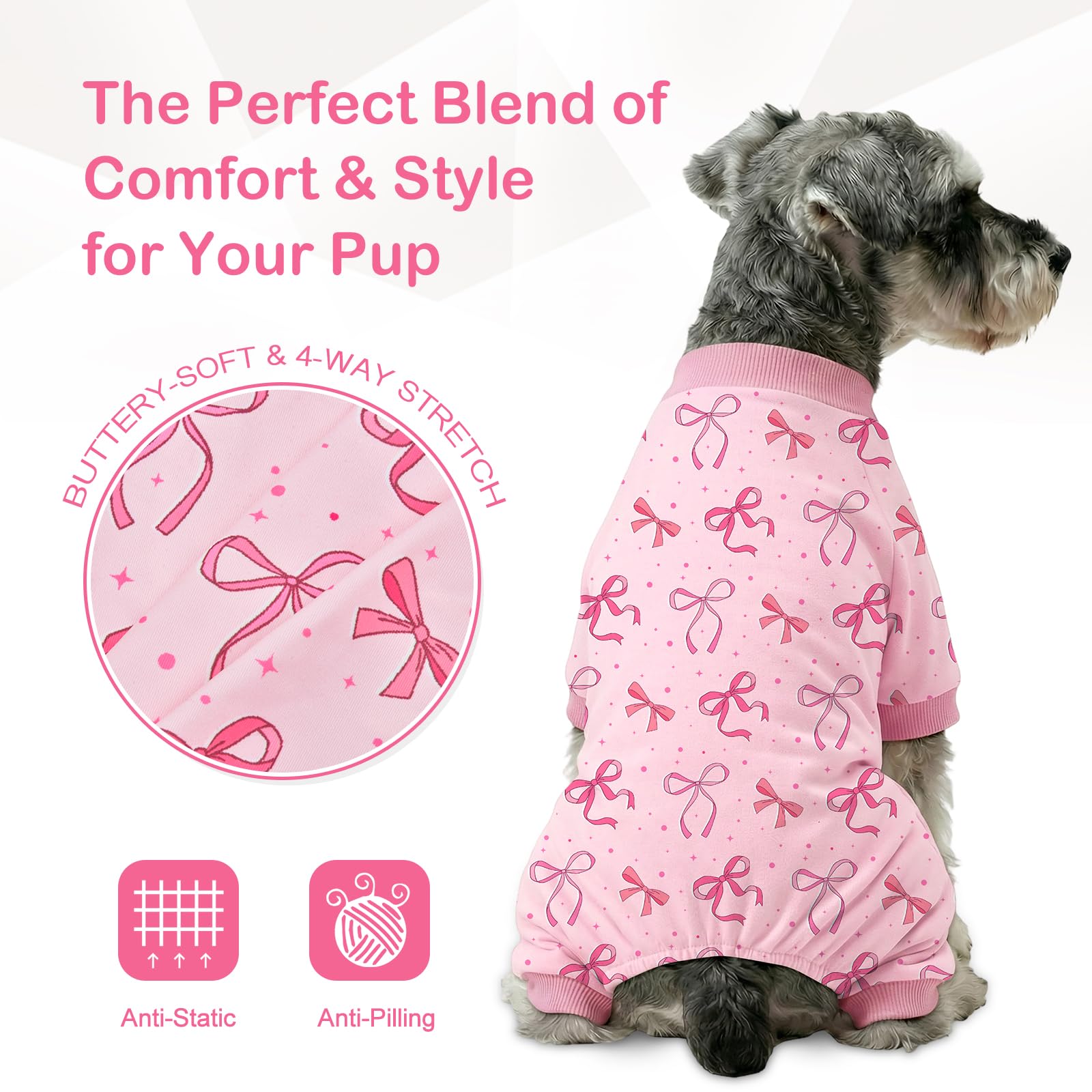 Dog Pajamas for Small Medium Dogs Recovery Suit Dog Pjs Dog Onesie Cute Soft Breathable Puppy Pajamas Pet Spring Summer Stretchy Pjs for Boy Girl - Pink Bows — view 3