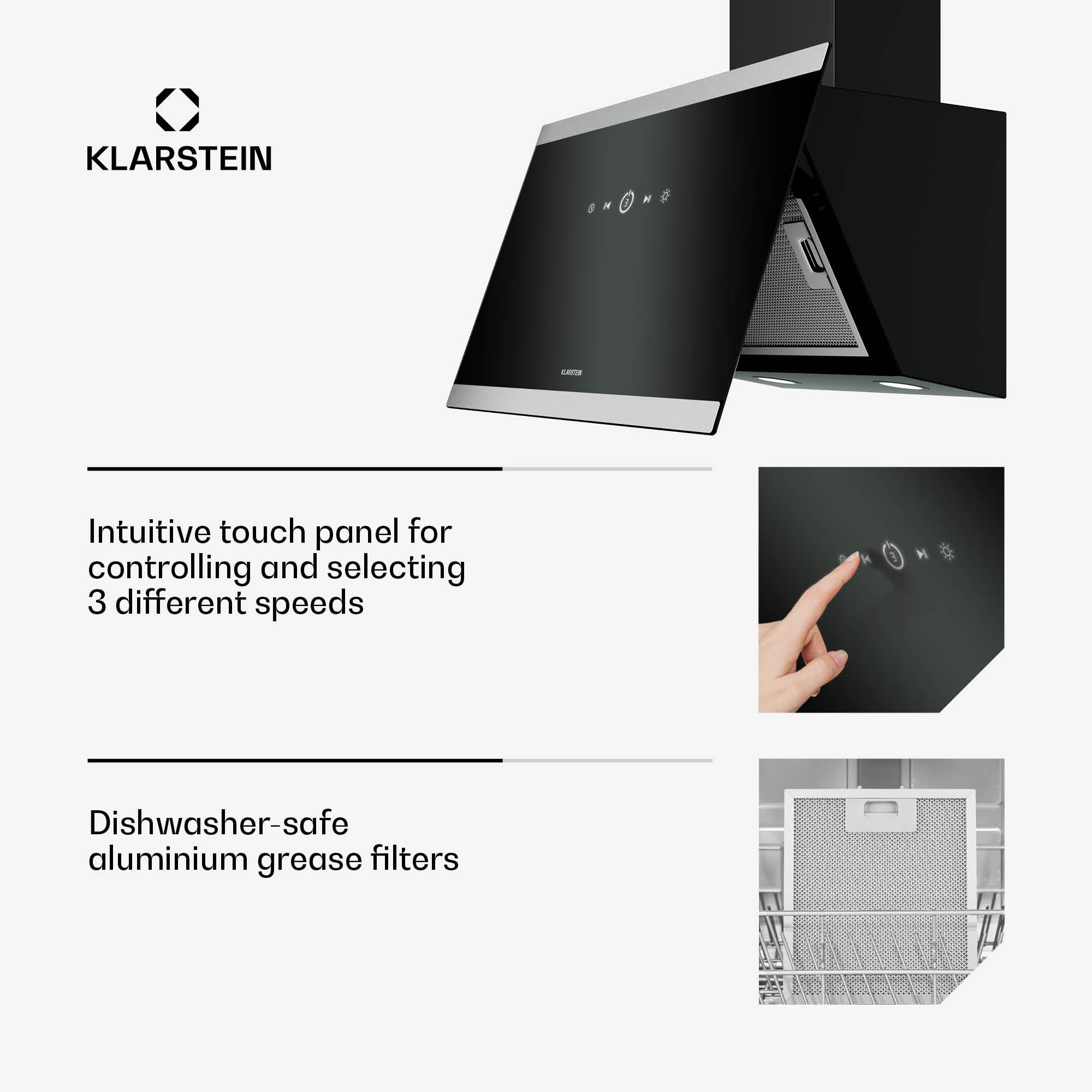 Klarstein FlashLine Okap kuchenny – Okap skośny 60 cm, Ekran dotykowy, 578 m³/h, Klasa energetyczna A++, Oświetlenie LED, cichy 34,5 dB, Czarny, Tryb wyciągu i recyrkulacji