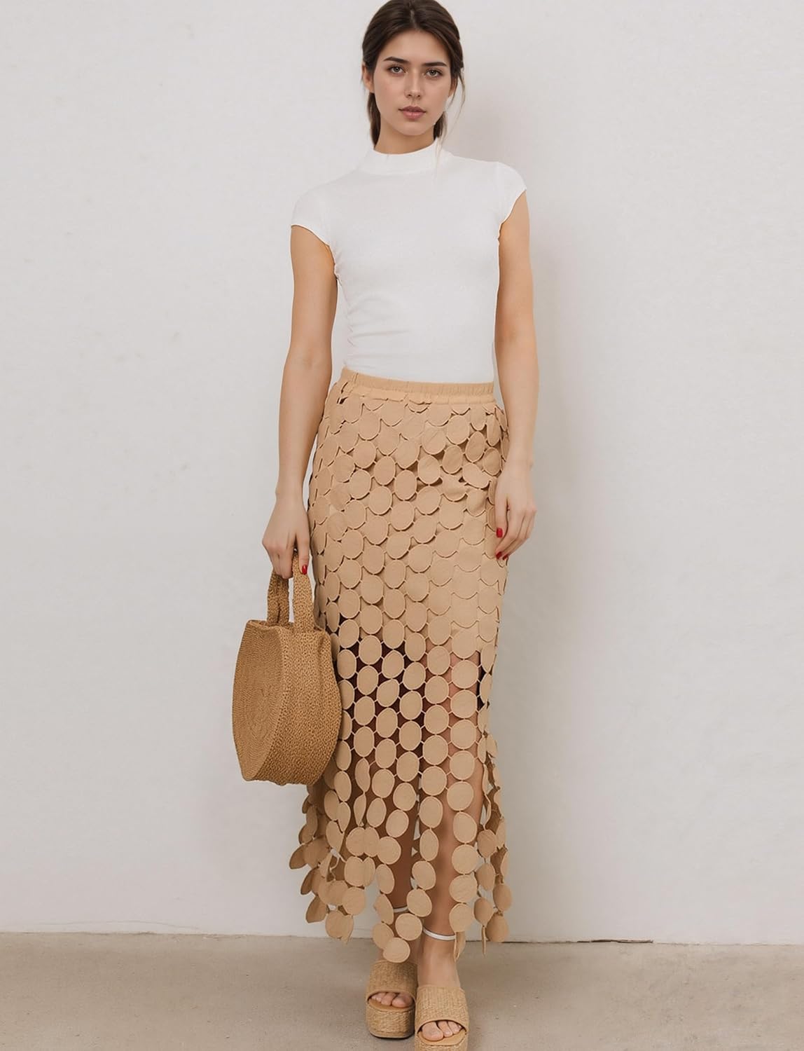 Kissonic Womens Long Fringe Maxi Skirt Summer Hollow Out Boho Elastic High Waist Skirt - Image 2