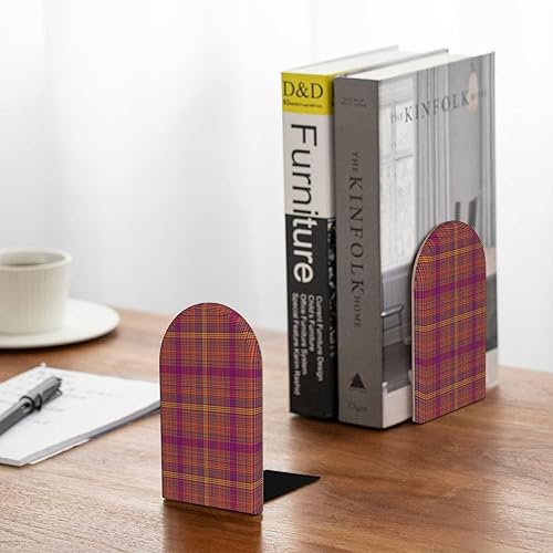 Miniatura 4 de Book Ends for Shelves 1 Pair - Retro Burgundy Plaid Print Wood with Metal Base Bookends for Heavy Books, Book Stand Organizer Holder for Books