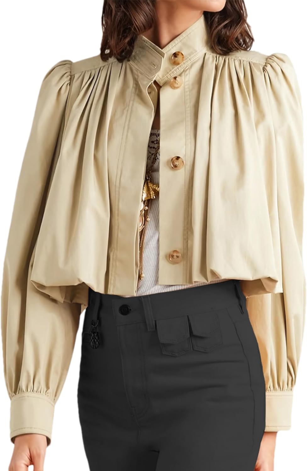 Womens Cropped Pleated Jacket Puff Long Sleeve Button Down Trench Coat Casual Outwear with Pockets