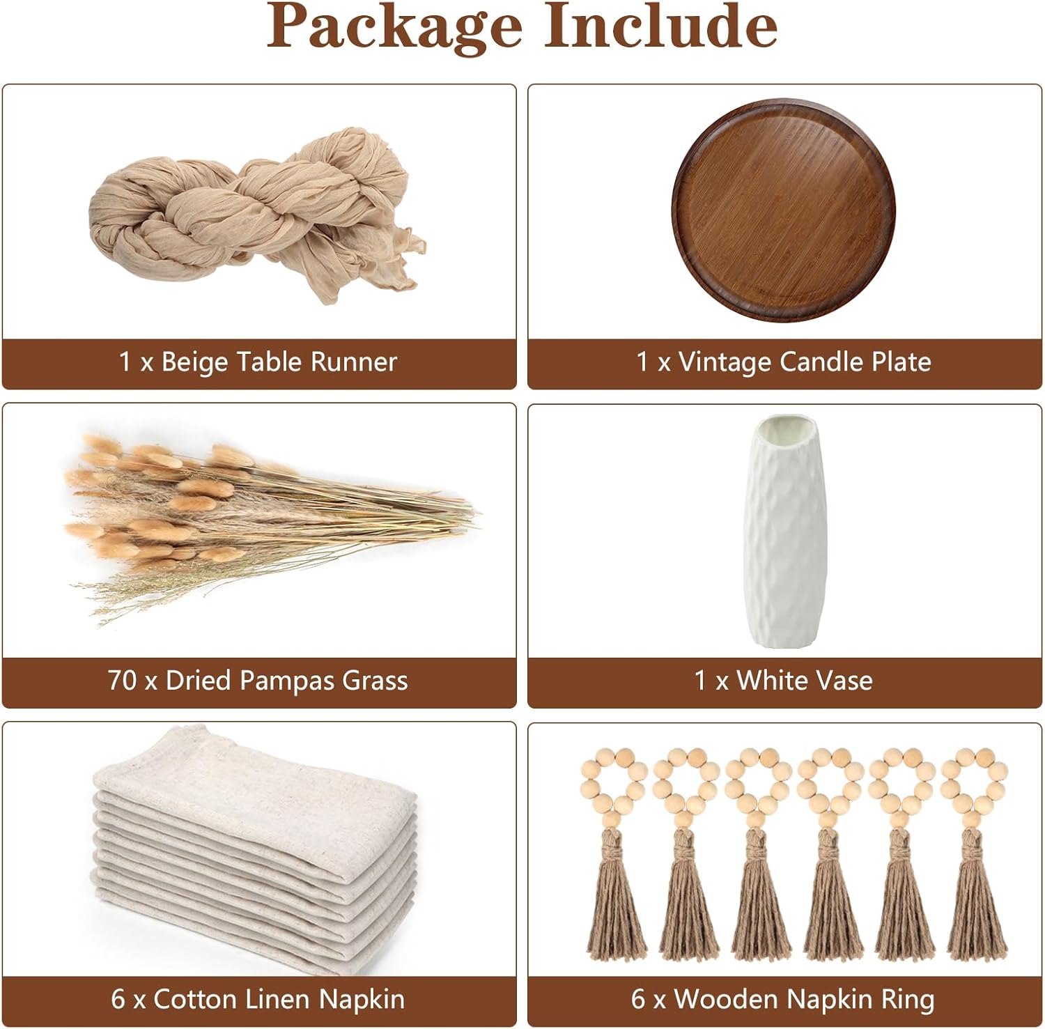 85 Pcs Boho Table Runner Set, Cheesecloth Table Runner, Round Wooden Candle Plate, 6 Cloth Napkins, 6 Wooden Bead Napkin Rings, 70 PCS Dried Pampas Grass Decor and White Vase for Kitchen Table Decor