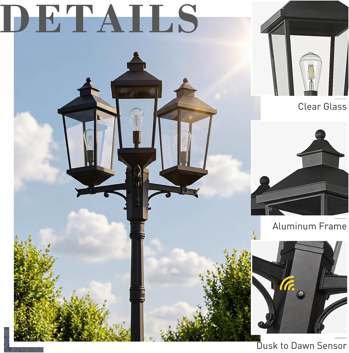 zeyu 109'' Street Lamp Light, Outside Black Pole Light, 3-Head Outdoor Lamp Post Light, Aluminum Frame with Clear Glass Shade, ZW105PL-3-PC BK