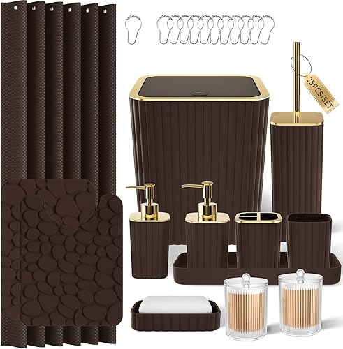 Miniatura 74 de Juego de baño con cortina de ducha y alfombras - Juego de accesorios de baño de 25 piezas, juego de cortina de ducha azul marino, escobilla para el
