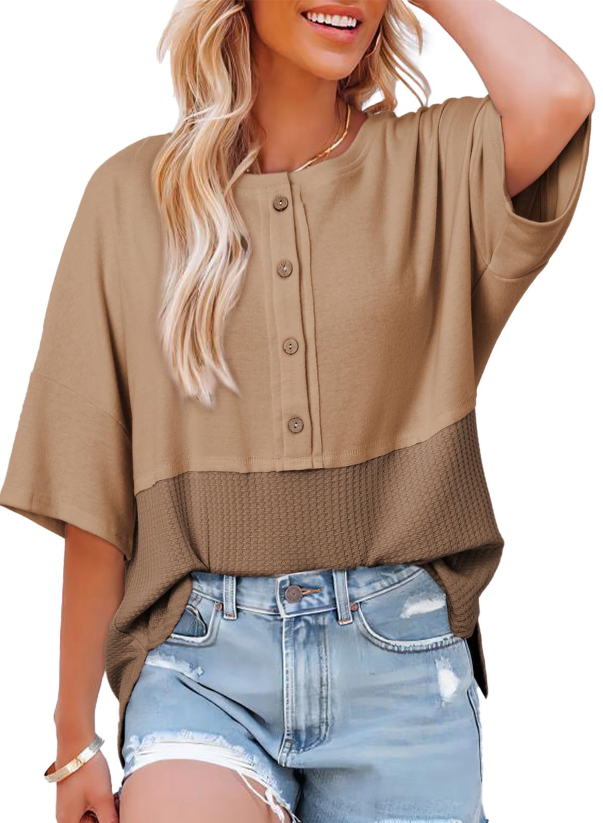 Dokotoo Bluse Damen Sommer Oberteile T-Shirts Kurzarm 3/4 Ärmel Waffelstrick Rundhals Oberteil Lässig Blusen Hemd Patchwork Tuniken Strukturierter Strickstoff Tunika Oversize Tshirt Tops S-XXL