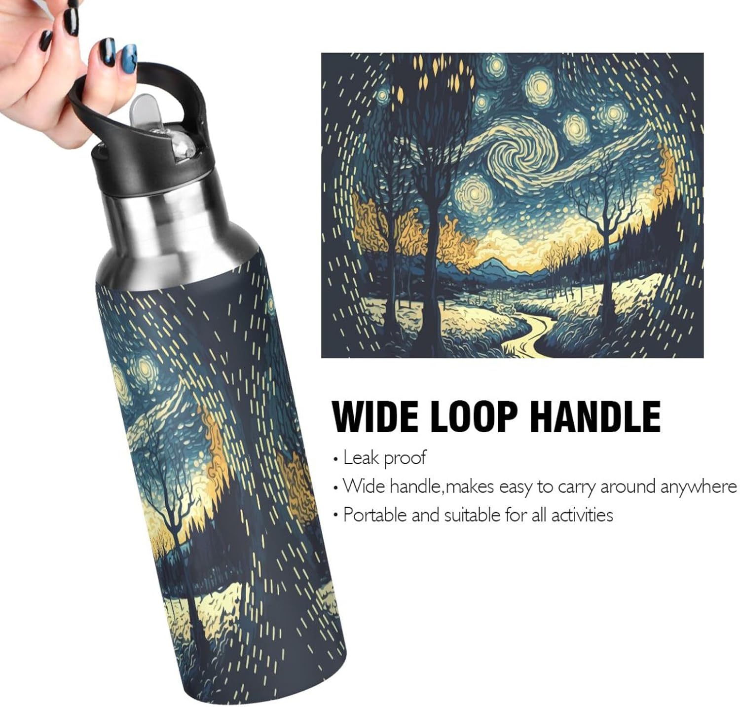 Vintage Van Gogh Starry Night Water Bottle Acuum Insulated Stainless Steel Leakproof Wide Mouth Kettle with Straw Lid for Fitness Gym Outdoor Sports