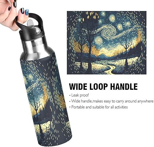 Miniatura 4 de Botella de agua vintage de Van Gogh Starry Night con aislamiento de agua de acero inoxidable a prueba de fugas, hervidor de boca ancha con tapa de