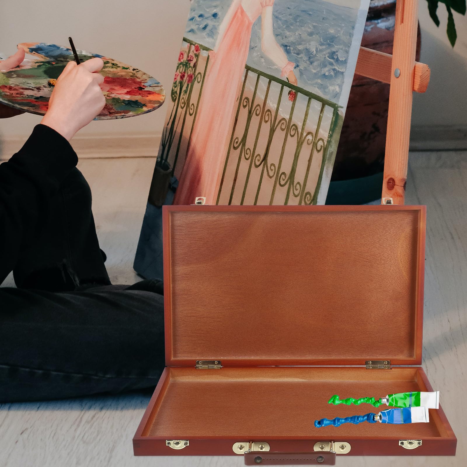 Boîte à Outils de Peinture Bois avec Poignée Confortable Rangement Compact et Compartiments Sécurisés pour Stylos Pigments et Accessoires Artistes