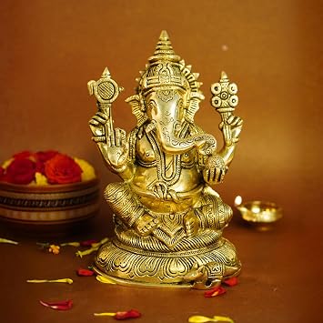 Ekhasa 100% Pure Brass Big Size Ganesha Idol Heavy Weight 2Kg | Pital Ganesh Murti for Pooja Room, Home Decor, Office Temple & Corporate Gifting | Vinayagar Statue for Diwali Puja Festival