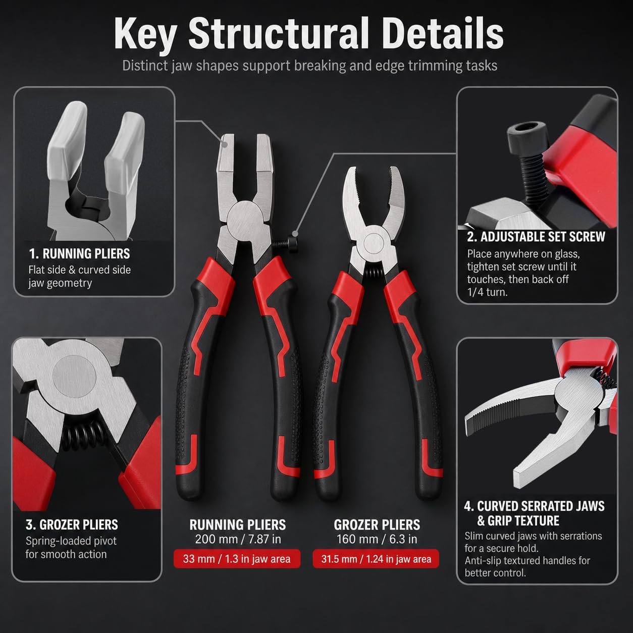 QWORK Glass Running Pliers & Breaker Grozer Pliers Set, 2 Pcs Stained Glass Tools with Rubber Tips for Mosaics, Key Fob Hardware Installation & Glass Breaking Tasks