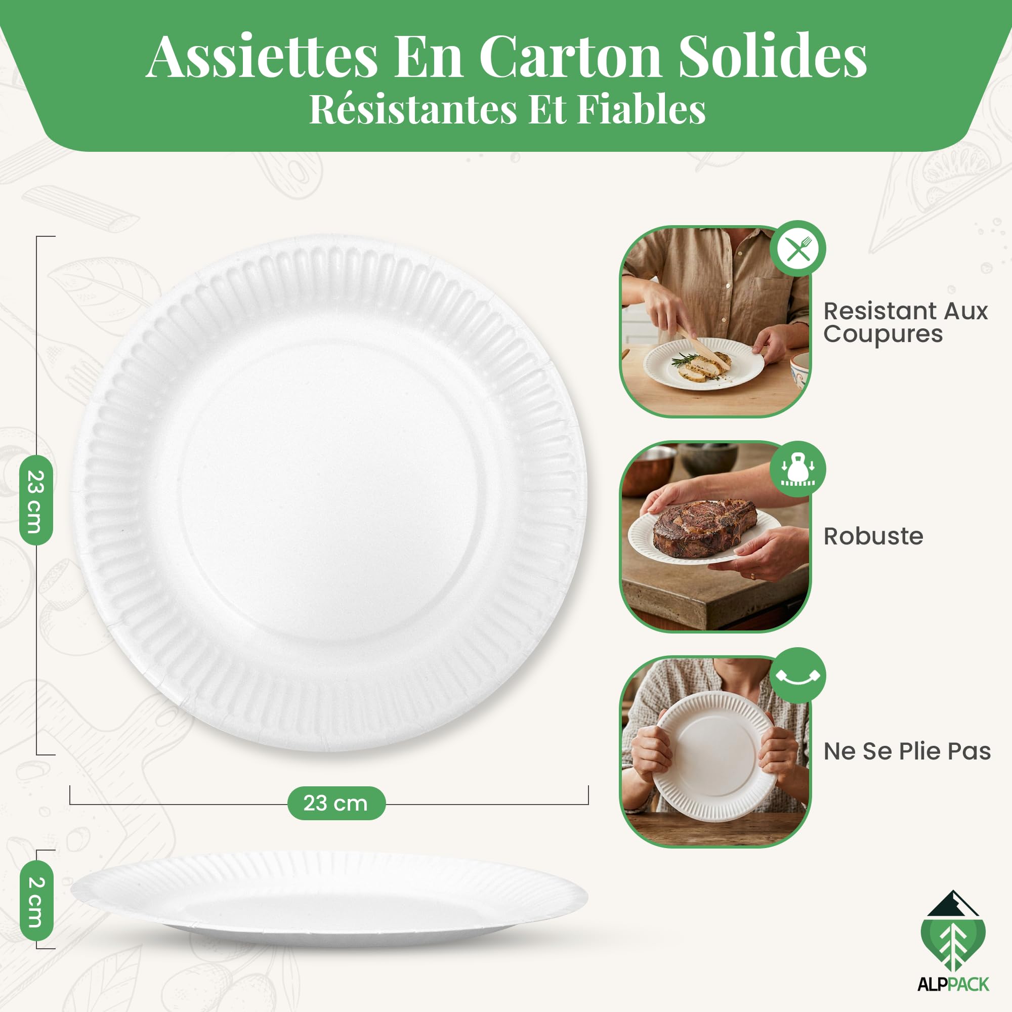 Assiette jetable en carton blanc anti-fuite – 500 pcs Ø 23 cm, assiettes plates, vaisselle jetable pour décoration anniversaire, pique-nique, barbecue, alternative à l'assiette plastique reutilisable