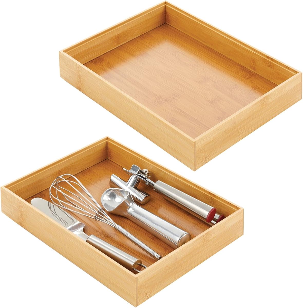 Caja organizadora de cajones apilable de madera de bambú para cocina; Para cubiertos, cubiertos y utensilios - Colección Echo - Paquete de 2 - Natural