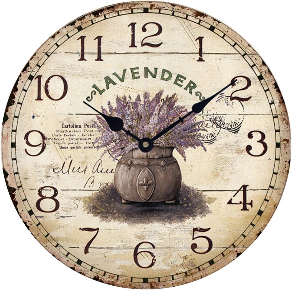 Wood Wall Clock 12" Vintage French Country Romantic Shabby Chic Large Numerals Horologe Analog Battery Operated Silent for Home Decor Lavender in TIN