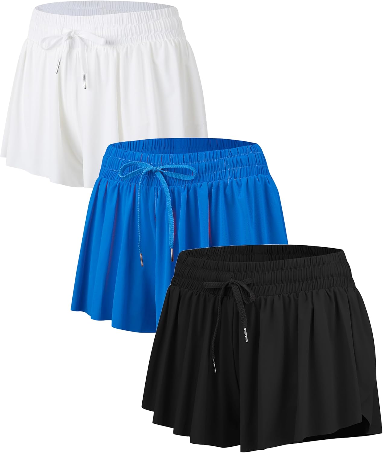 Yknktstc 3 Pack Womens 2 in 1 Flowy Running Shorts with Pockets Gym Yoga Athletic Workout Biker Spandex Lounge Sweat Skirt