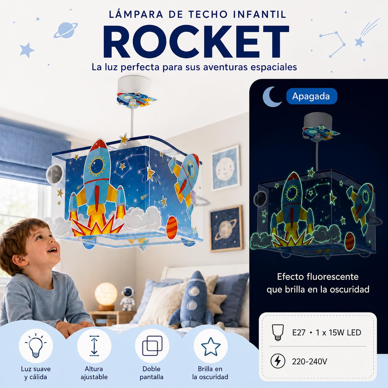 Dalber Lámpara Techo Colgante Infantil Rocket Cohete 63352M E27 | Incluye difusor de luz inferior extraible; Habitación niños; lámparas infantiles;