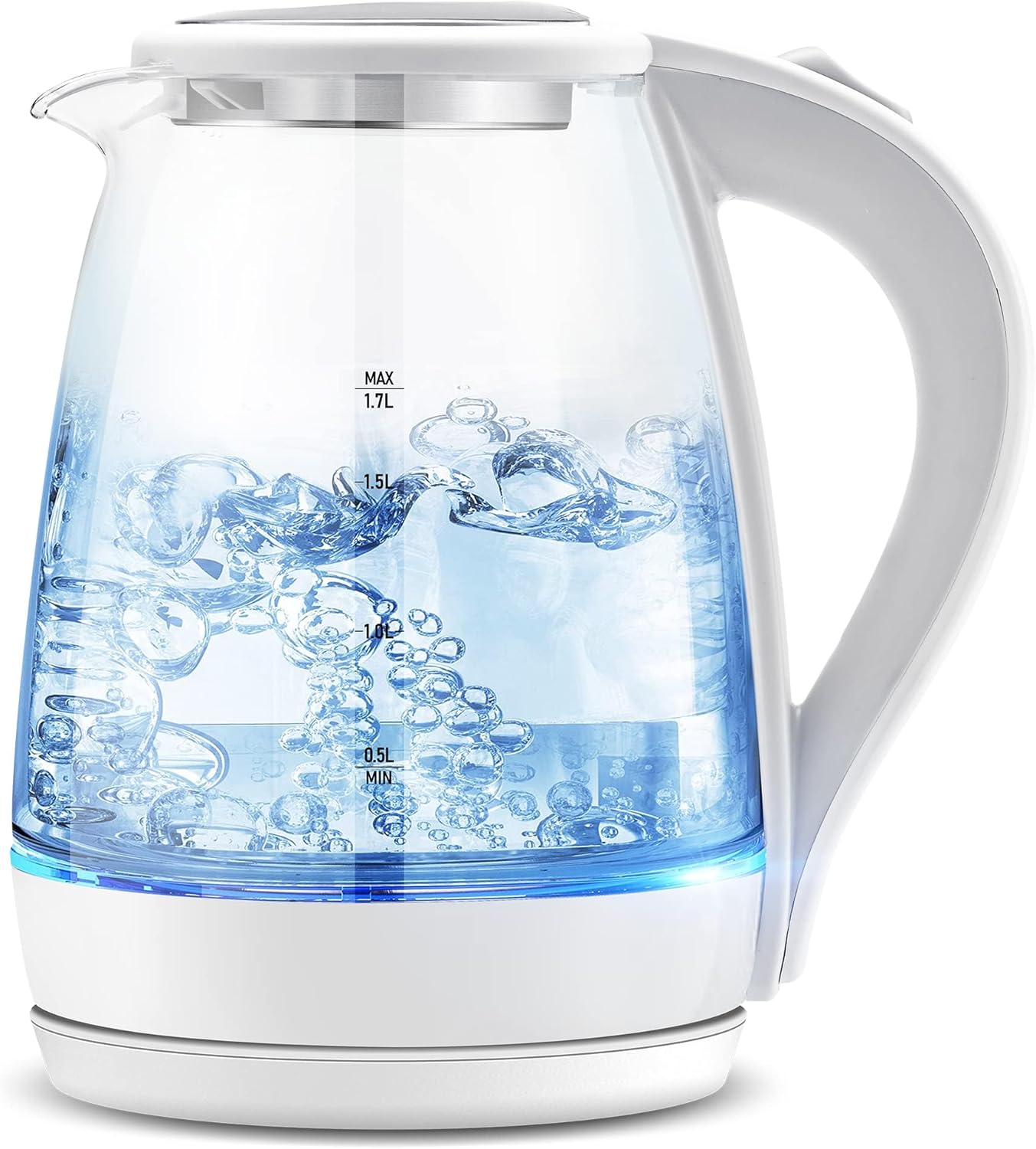 Pukomc Electric Kettle – 1.7L Hot Water Boiler – Glass Tea kettle with Wide Opening and Led Indicator, Auto Shut-Off and Boil-Dry Protection – Series 9460,White