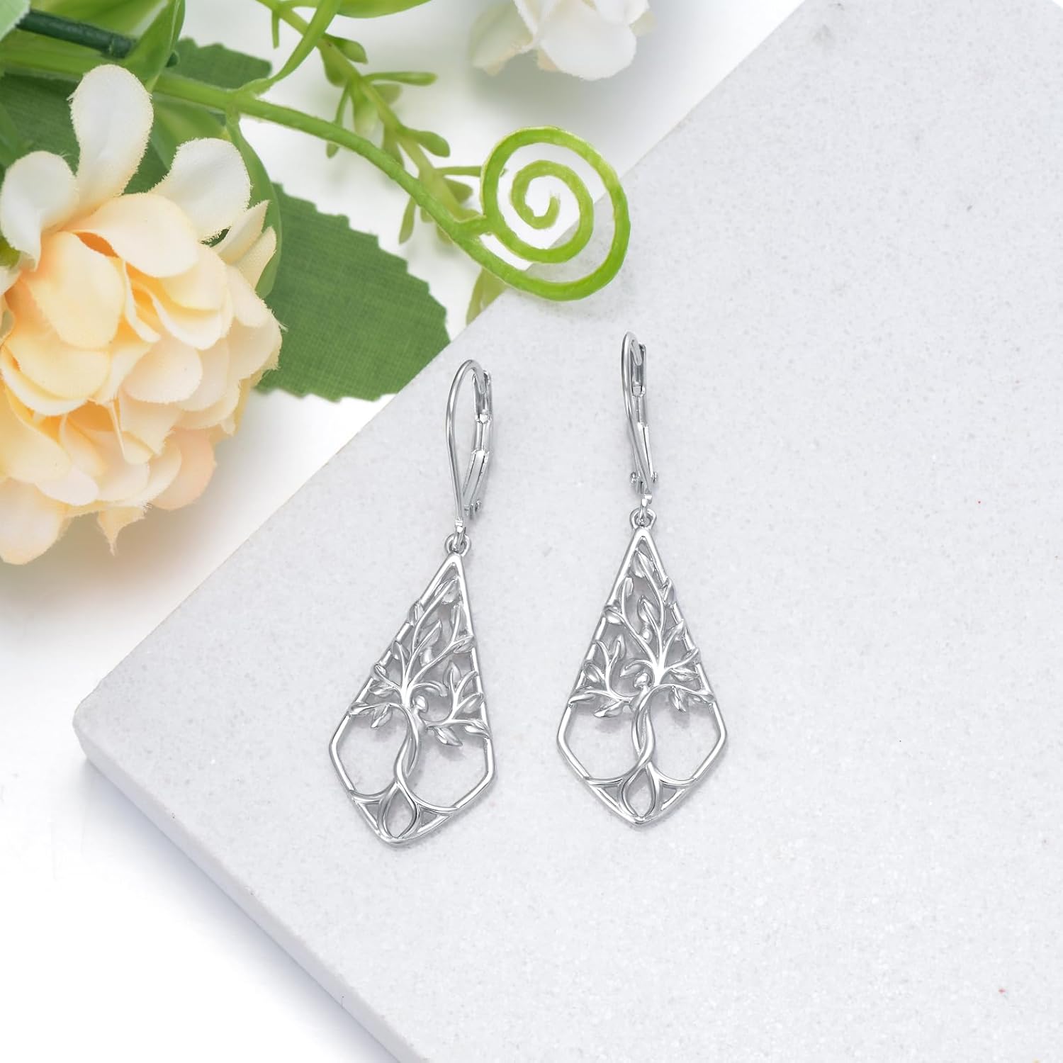 VONALA Silver Earrings for Women 925 Sterling Silver Tree of Life Filigree Leverback Drop Dangling Earrings Birthday Anniversary Christmas Jewelry Gifts