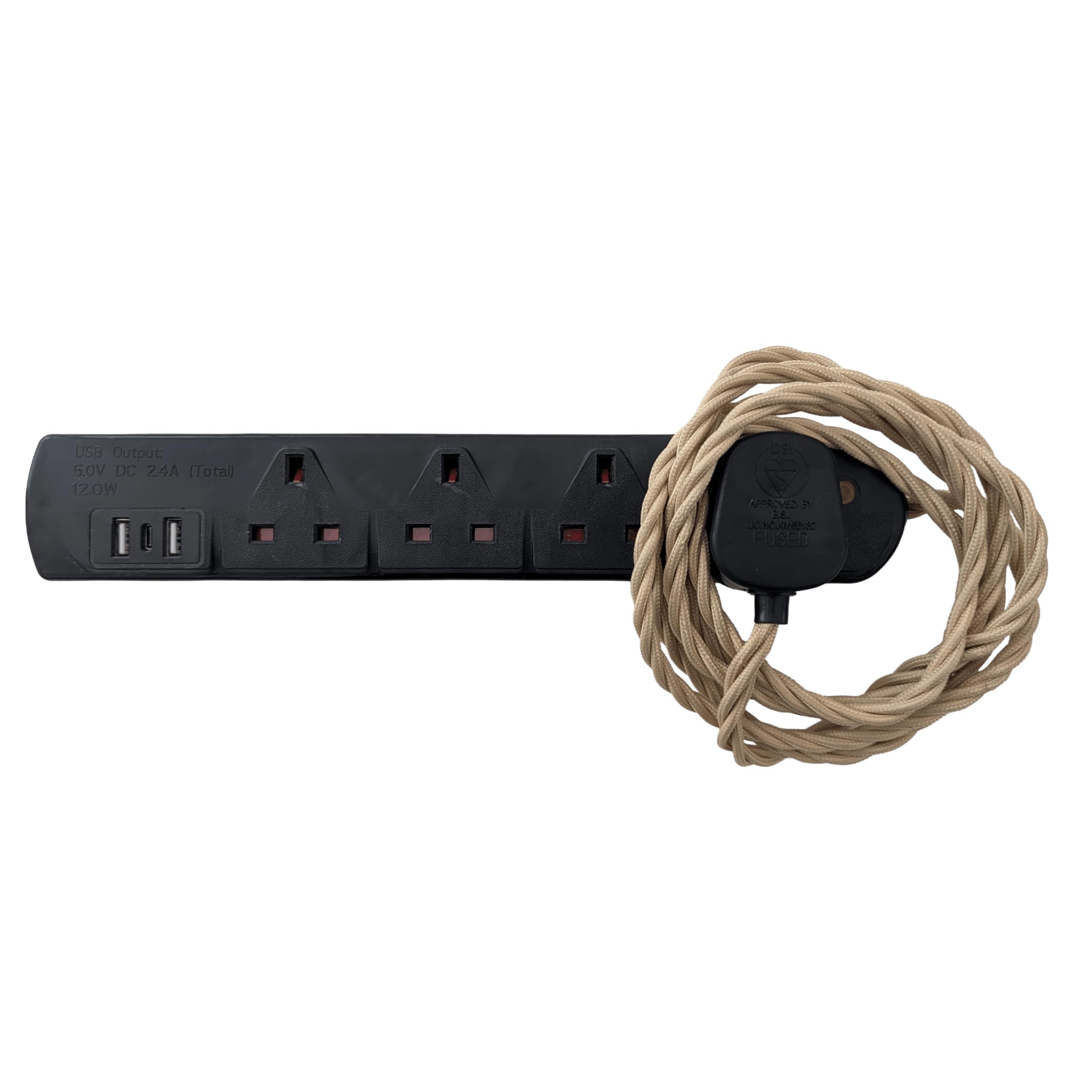 Vintage Electric Extension Leads, 13 amp rated Power Strips with 4 Way Outlets, 4 Socket Extension Cable with 2M Braided Fabric Twisted Cord for Home Office (Victorian Vanilla (Black Plug))
