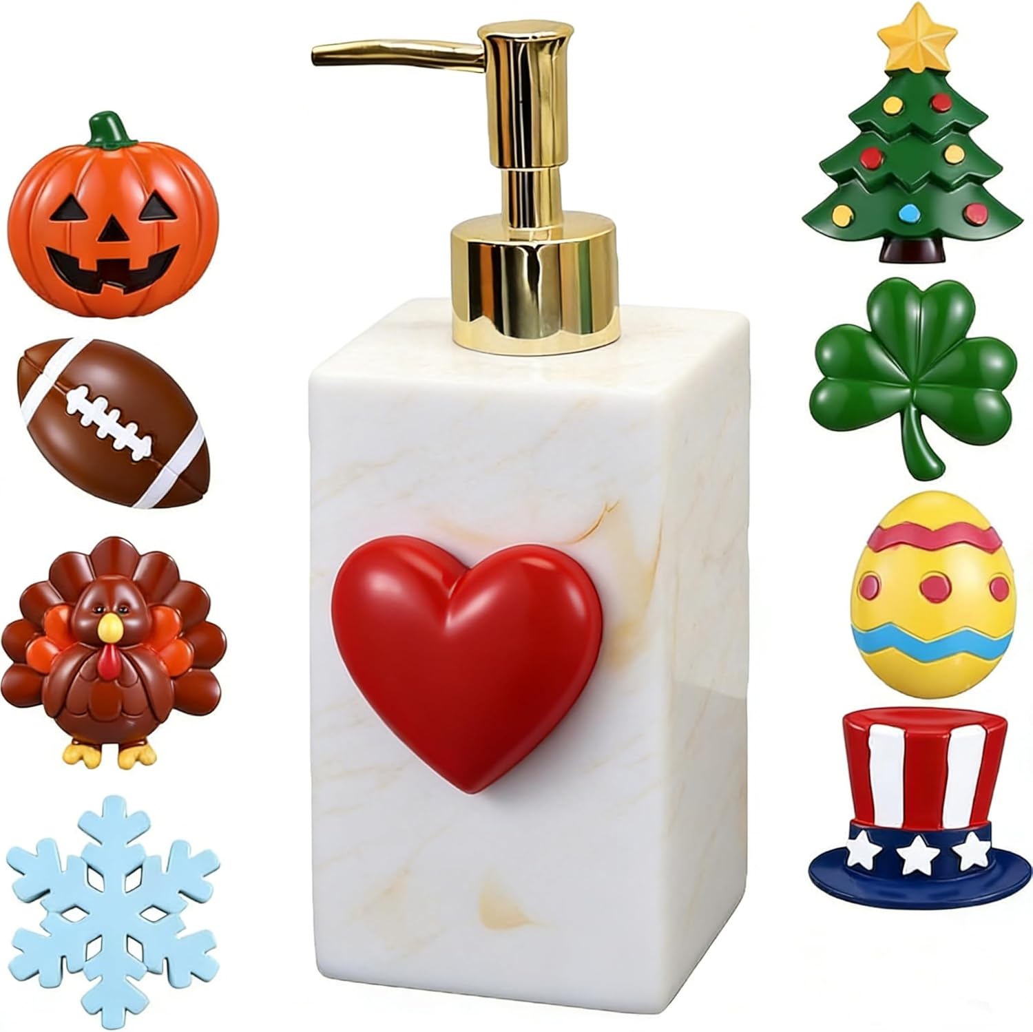 Magnetic Holiday Soap Dispenser with 9 Interchangeable Charms, 500ml Resin Hand Soap Lotion Dispenser for Kitchen Bathroom Festive Decor (1 Set)