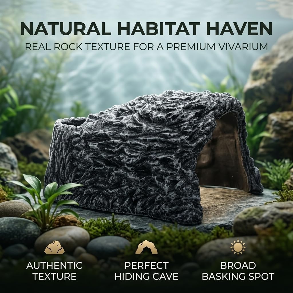 Extra Large Reptile Hide Cave, Resin Rock Habitat Decor, Basking Platform for Terrarium & Aquarium, Oversize Hideout for Bearded Dragons, Lizards, Snakes, Turtles (10.23" L x 9.44" W x 5.7" H)