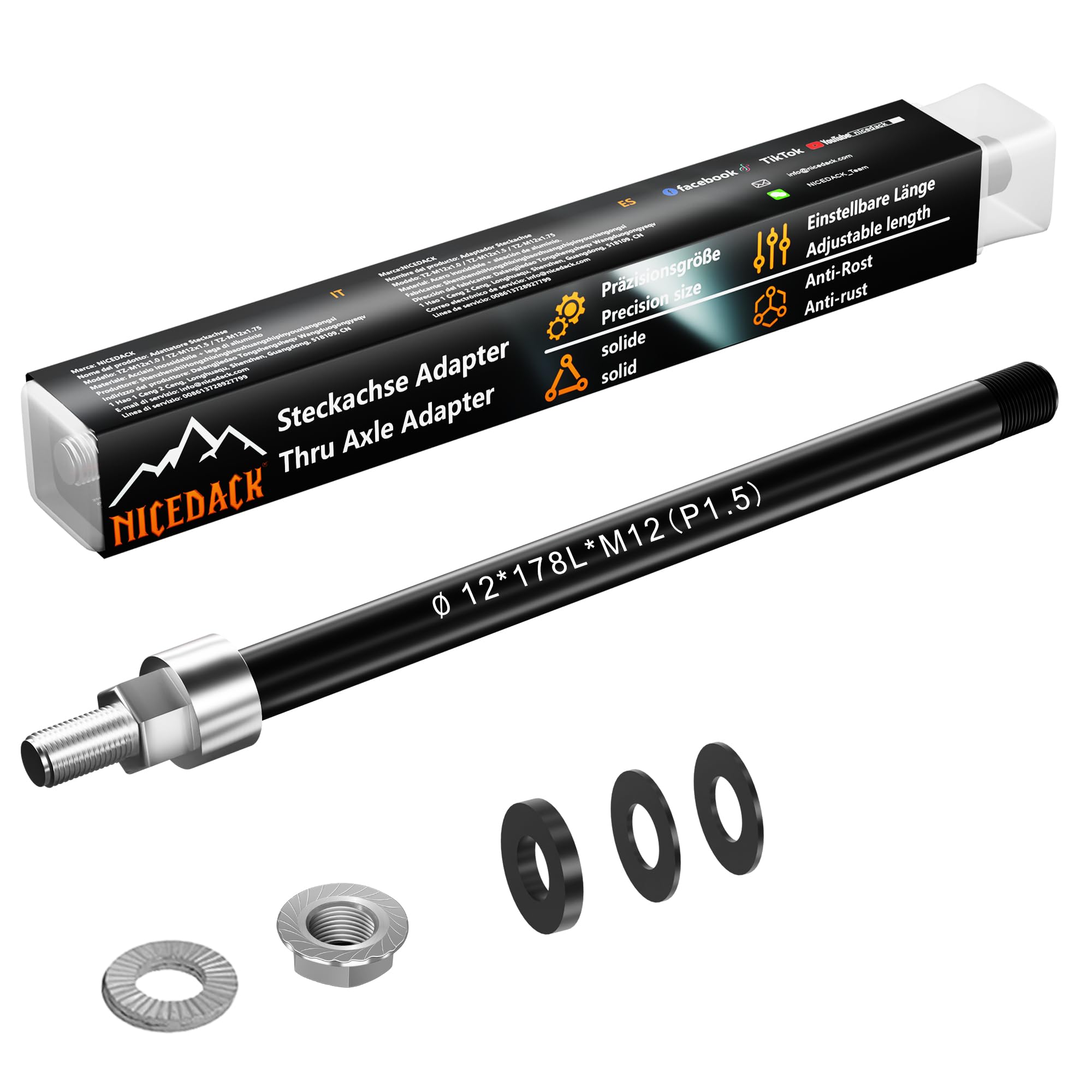NICEDACK Thru Axle Adapter, M12 x 1.5-172-178mm for Bike Trailer Hitch, 12mm Thru Axle with 1.5 Thread Pitch, Thru-Axle Adapter with a Length Adjustable of 172-178mm