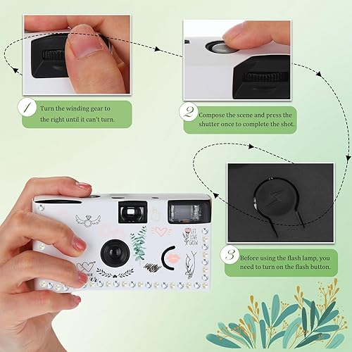 Miniatura 4 de Paquete de 8 cámaras desechables para boda de 1.378 in de película de un solo uso con flash, cámaras blancas desechables para bricolaje, cámara