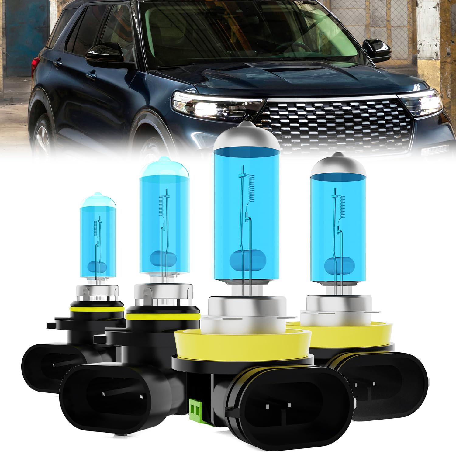 Headlight Bulbs Fit For Ford Explorer 2011-2015, 9005/H10/HB3 High Low Beam + H11/H8/H9 Fog Lights Halogen Bulb, 6000K White Light, Plug and Play, Pack of 4