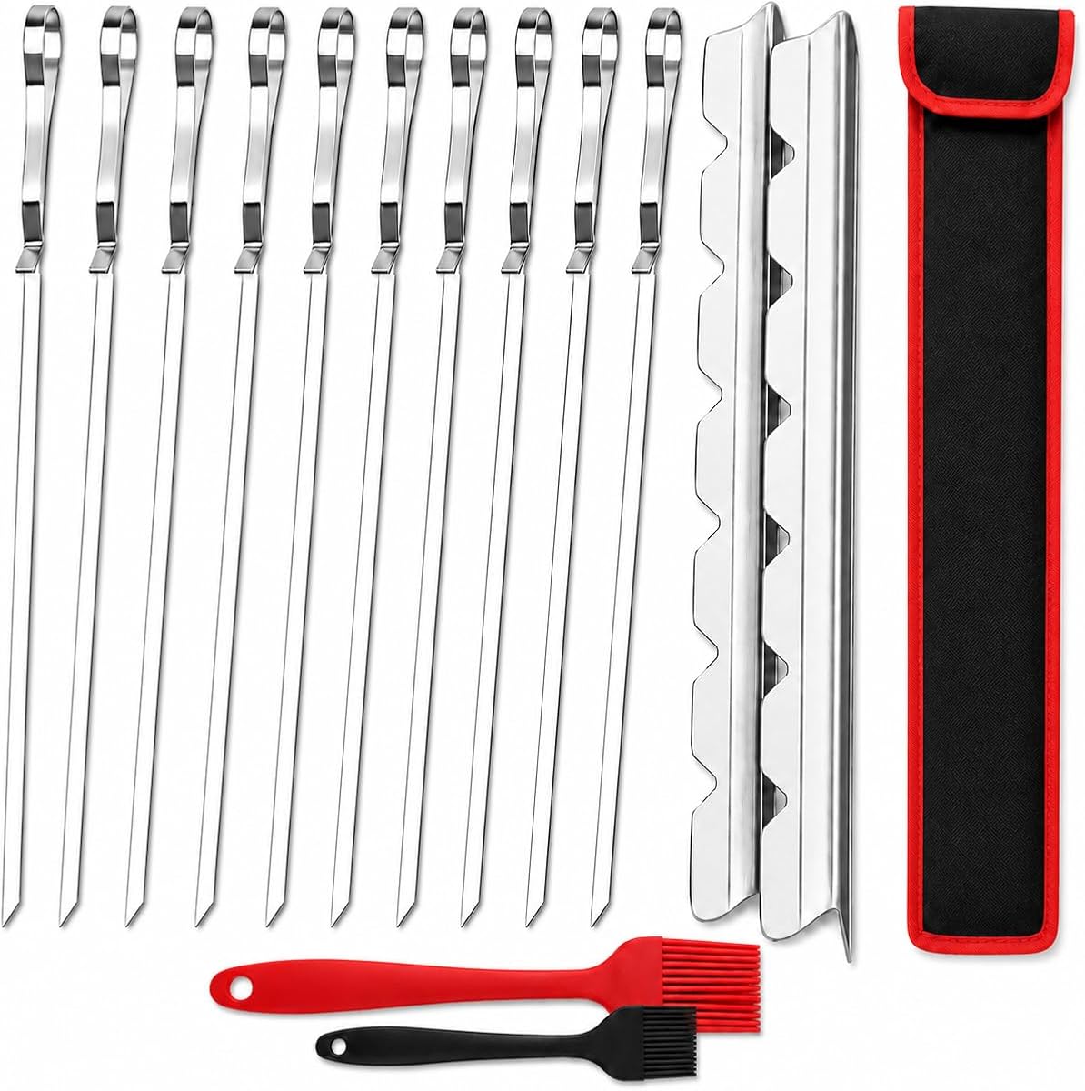Fengzhe Kabob Skewers Stainless Steel 17-Inch BBQ Skewers with 2 Heavy-Duty Skewer Racks, Set of 10 Flat Metal Sticks & 2 Brushes, Reusable for Meat, Chicken, Vegetables, with Storage Bag