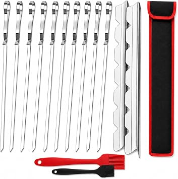 Fengzhe Kabob Skewers Stainless Steel 17-Inch BBQ Skewers with 2 Heavy-Duty Skewer Racks, Set of 10 Flat Metal Sticks & 2 Brushes, Reusable for Meat, Chicken, Vegetables, with Storage Bag