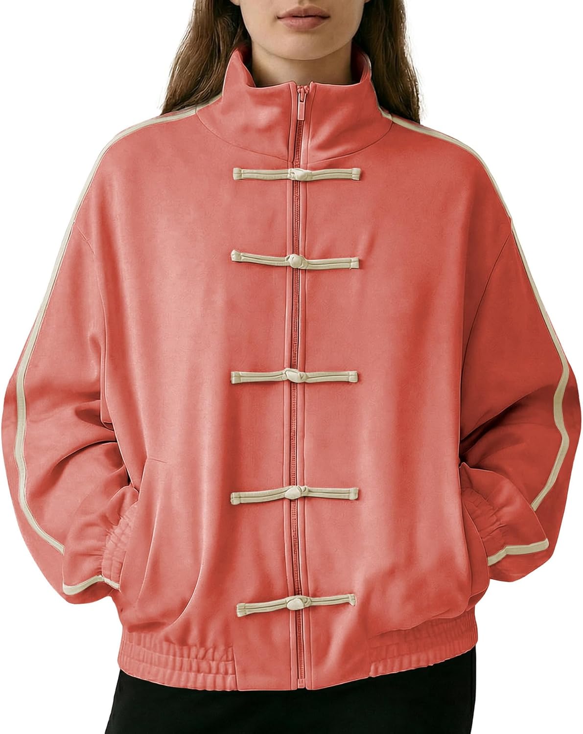 Women Faux Suede Jacket Chinese Style Coat Casual Zip Up Jackets Comfy Stand Collar Outerwear Travel Vacation Outfits