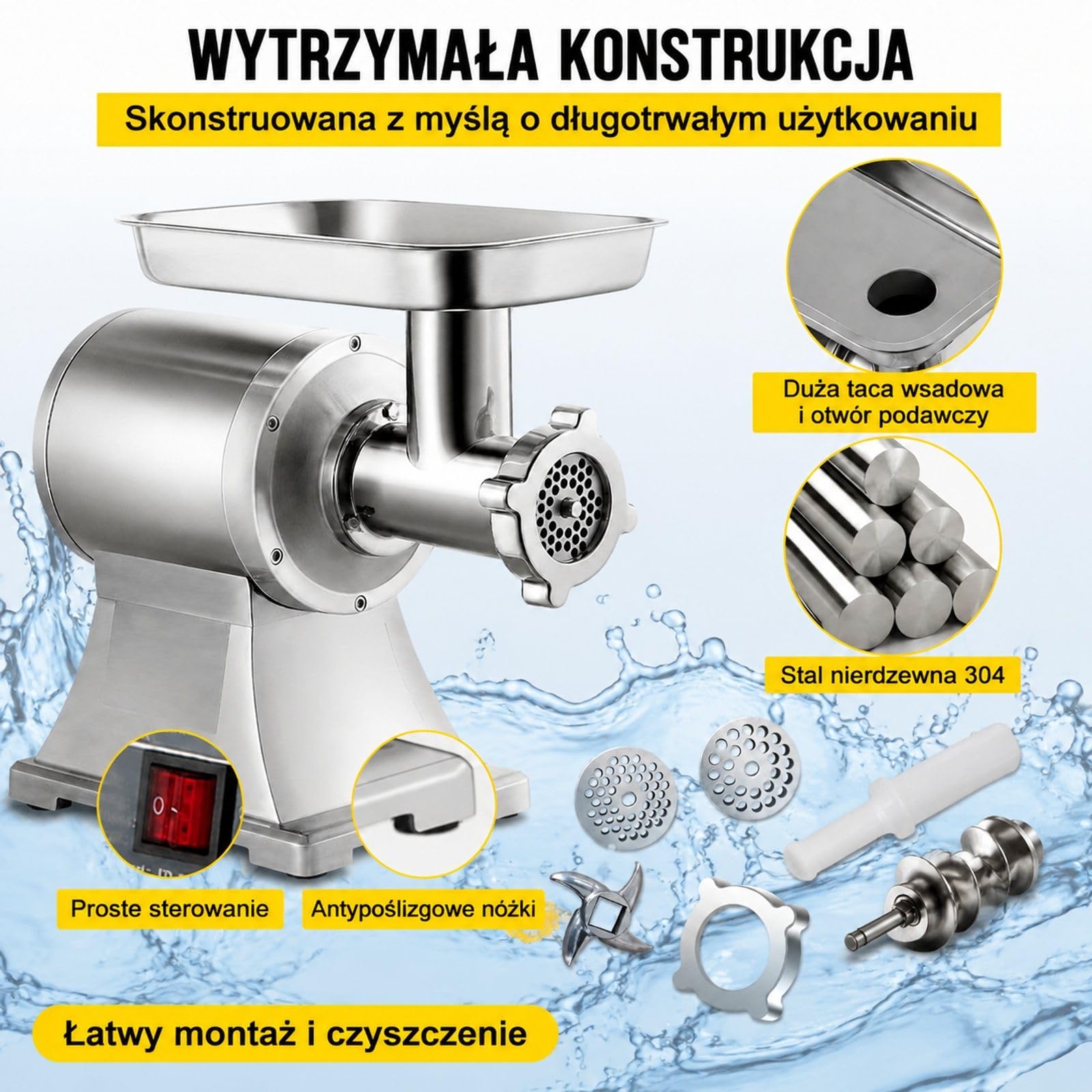 Elektryczna maszynka do mięsa 1100 W ze stali nierdzewnej z nadziewarką do kiełbas, wydajność 150 kg/h, 193 obr/min, dla restauracji i sklepów mięsnych