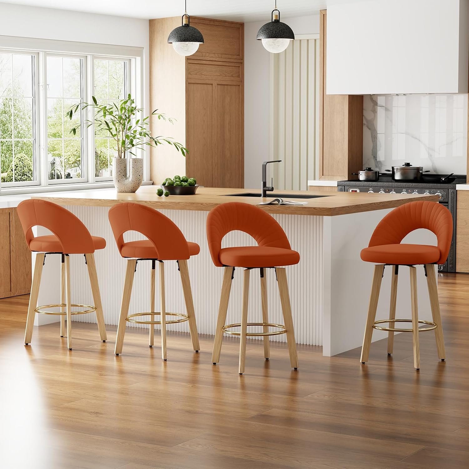 Bar Stools Set of 2, Swivel Counter Height Bar Stools with Bentwood Legs,Metal Footrest,Mid Century Modern Faux Leather Upholstered Counter Stools for Kitchen Island, Bar, Restaurant-Orange