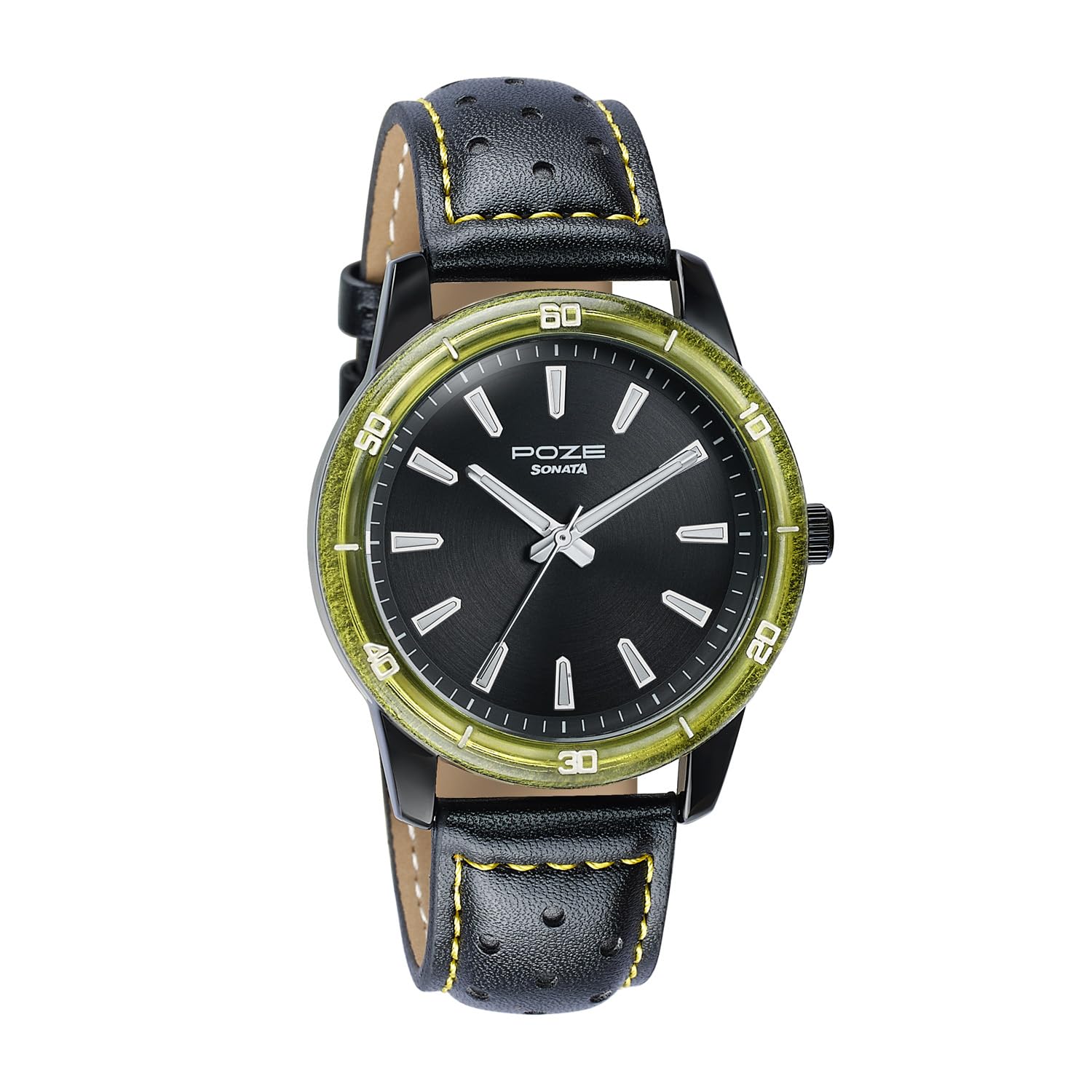 Buy Sonata Poze 7 Analog Black Dial IP Black + Yellow Stitch