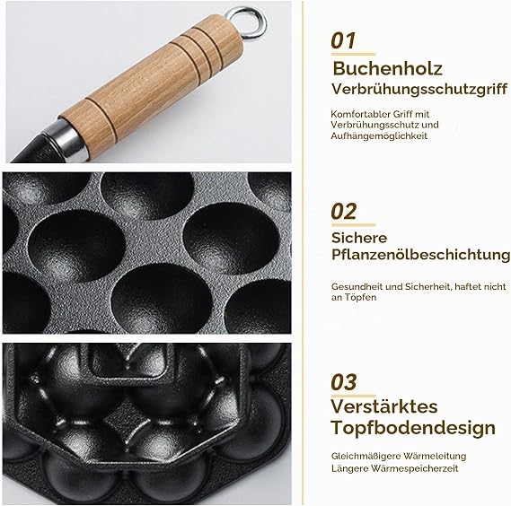 Cyrank Poffertjes Pan Takoyaki Pan Meatball Shaper 14 Holes Non-Stick Takoyaki Grill Pan Plate Octopus Ball Maker Cast Iron Takoyaki Grill Plate Baking Tool