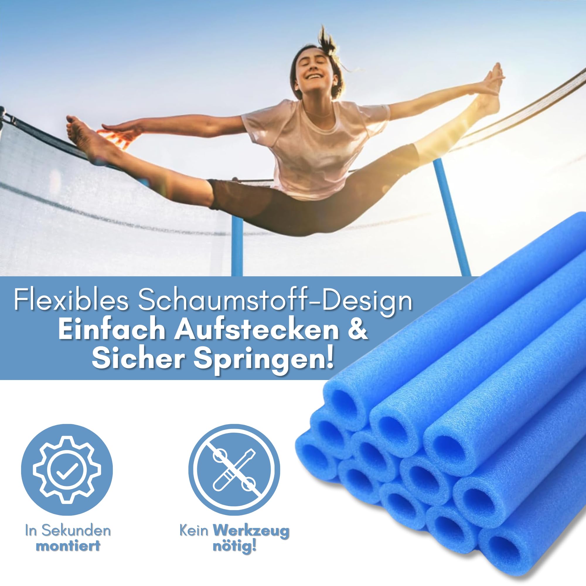 16x Trampolin Schaumstoff Rohre Polster 92cm - Stangenschutz für 8 Stangen Sicherheitsnetz inkl. Kappen – Wetterfest & Stoßdämpfend - Made in EU
