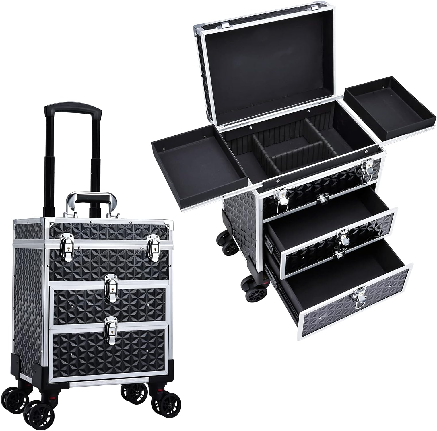 Professional Rolling Makeup Case Aluminum Trolley Train Case with 360° Swivel Wheels for Makuep Artist Travel Cosmetic Organizer with Sliding Drawers for Nail Tech Hairstylist Barber, Black