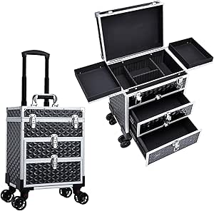 FRENESSA Professional Aluminum Rolling Makeup Case with 360° Swivel Wheels