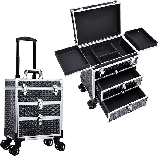 FRENESSA Professional Rolling Makeup Case Aluminum Trolley Train Case with Wheels for Makuep Artist Travel Cosmetic Organi...