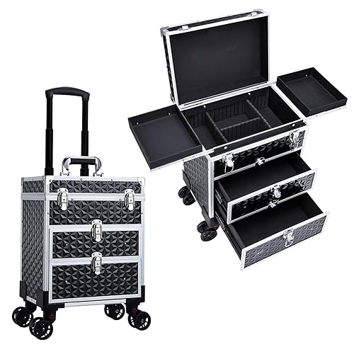Beauty Trolley on Wheels Makeup Box Vanity Case Make Up Trolley On Wheels with Drawers Hairdressing Trolley Make Up Storage Organiser Box Nail Technician Case with Keys Black