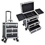 FRENESSA Professional Rolling Makeup Case Aluminum Trolley Train Case with 360° Swivel Wheels for Makuep Artist Travel Cosmetic Organizer with Sliding Drawers for Nail Tech Hairstylist Barber, Black