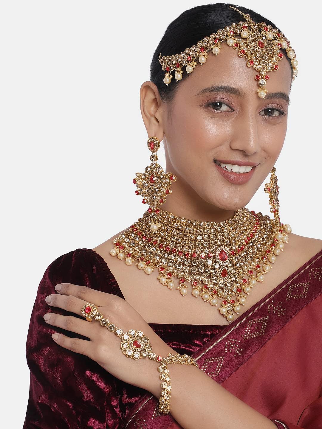 Aheli Bollywood Style Indian Bridal Choker Necklace Matha Patti Nose Ring Haath Phool Wedding Fashion Bharatanatyam jewellery set Gift for Women - Image 2