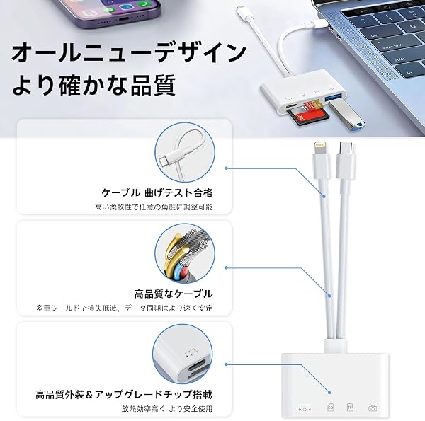 iPhone SDカードリーダー【2026新モデル MFi認証品】4in1 USB/SD/TF変換アダプタ Lightning/Type Cカードリーダーです 急速充電 設定不要 USB3.0双方向転送高速転送 写真/動画/資料読み込み iPhone/iPad/PC/Androidスマホなどのデバイスに対応 - 5